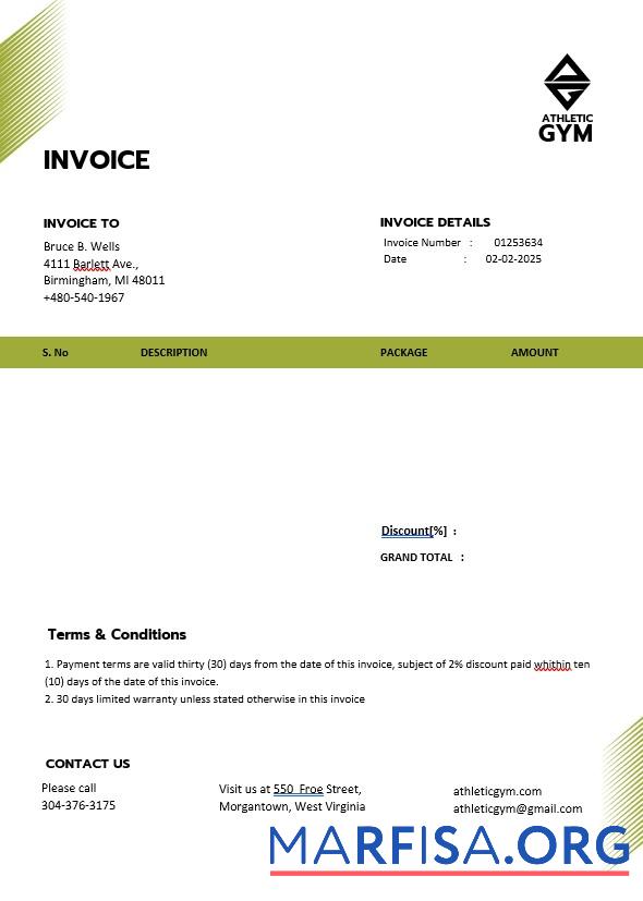 Downloadable Fitness Trainer Coach Invoice Template